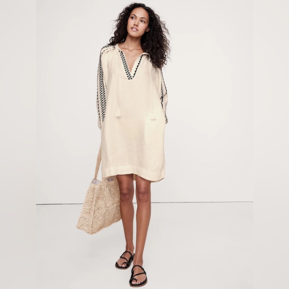 NEW! Banana Republic Embroidered Linen Peasant Mini Dress - Large Petite 🎻